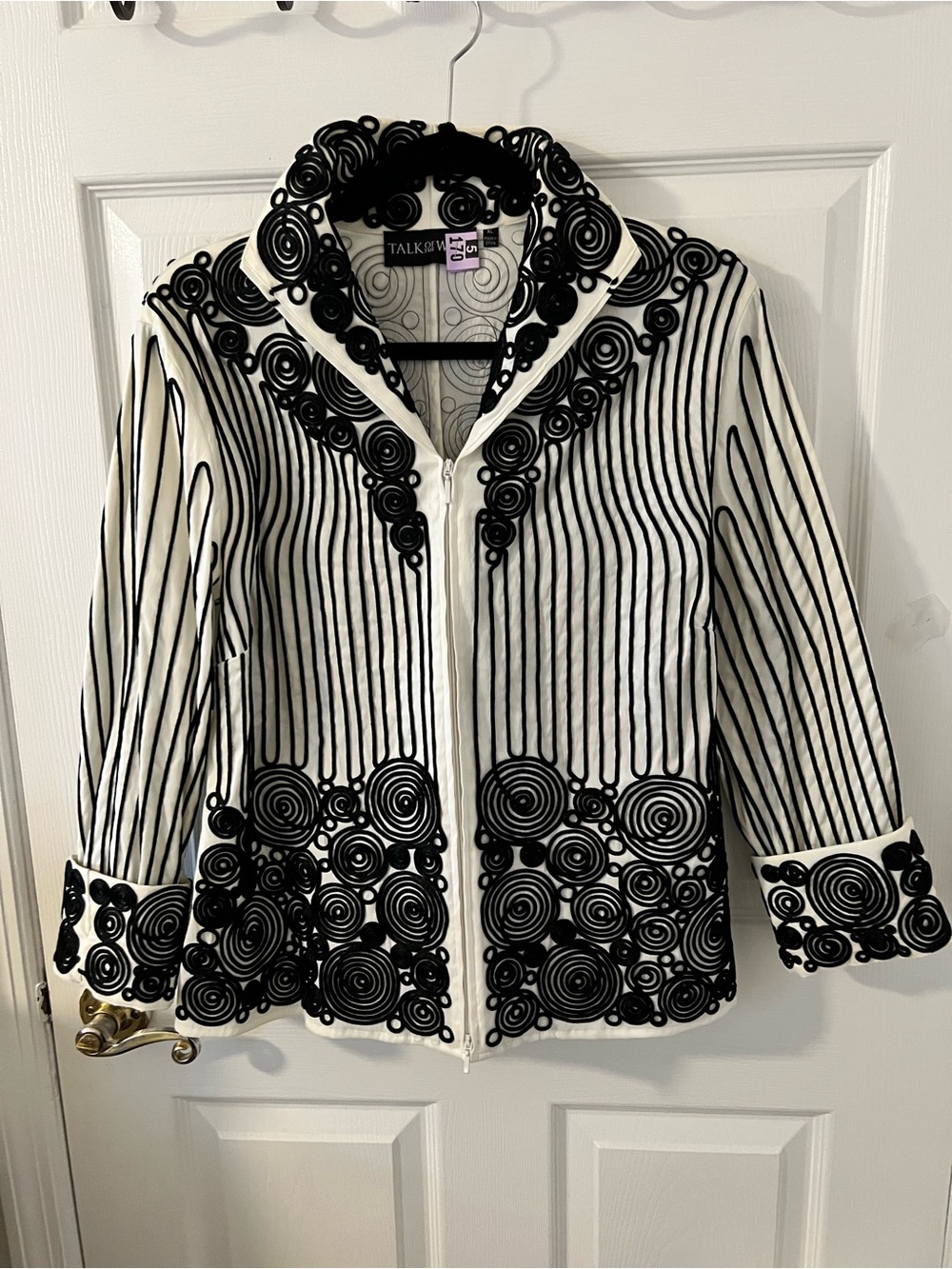 Talk of the Walk Black and White Swirl-Trim Zip Jacket